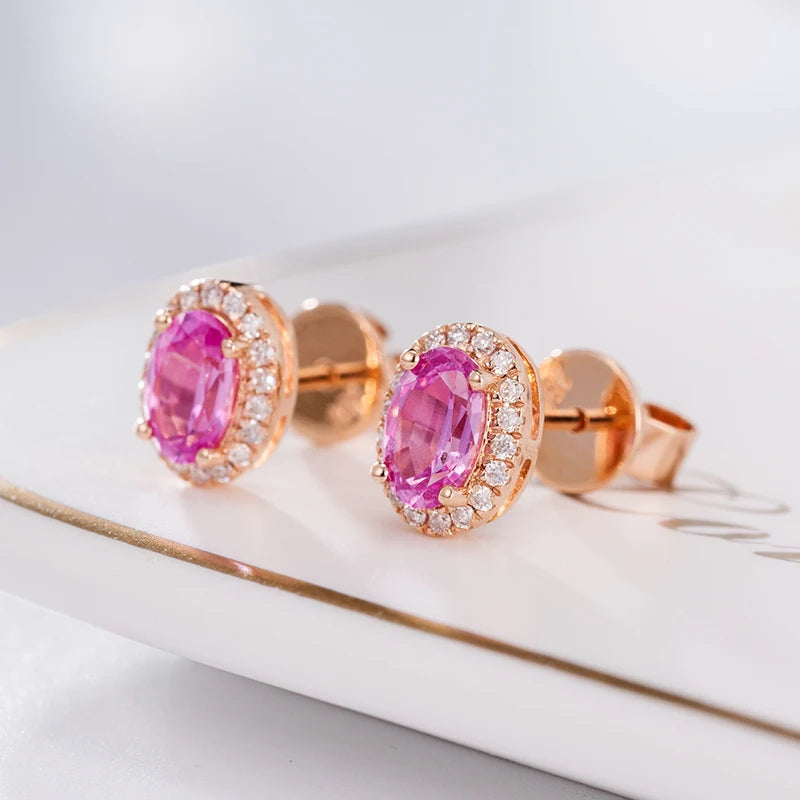 Classic Natural pink Sapphire White Diamond Hot Sale 18k Real Gold Earring for Women Party