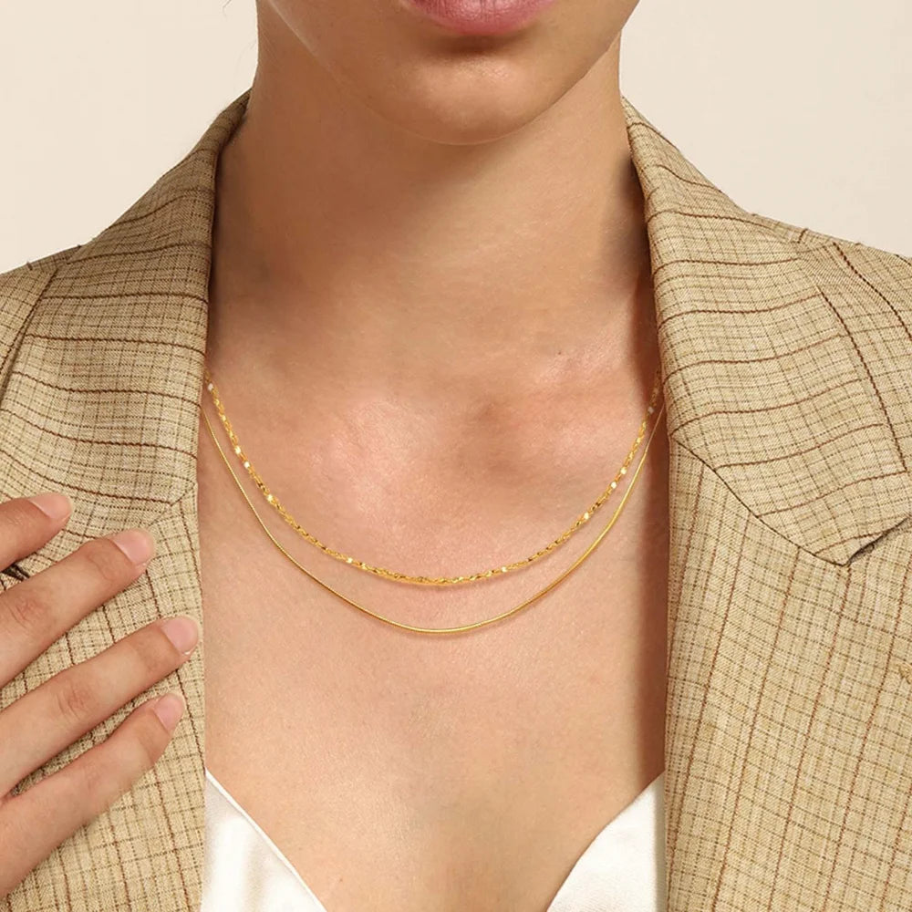 Women Trendy Dainty Thin Fashion Jewelry Gold Plated Stainless Steel Snake Chain Necklace Set
