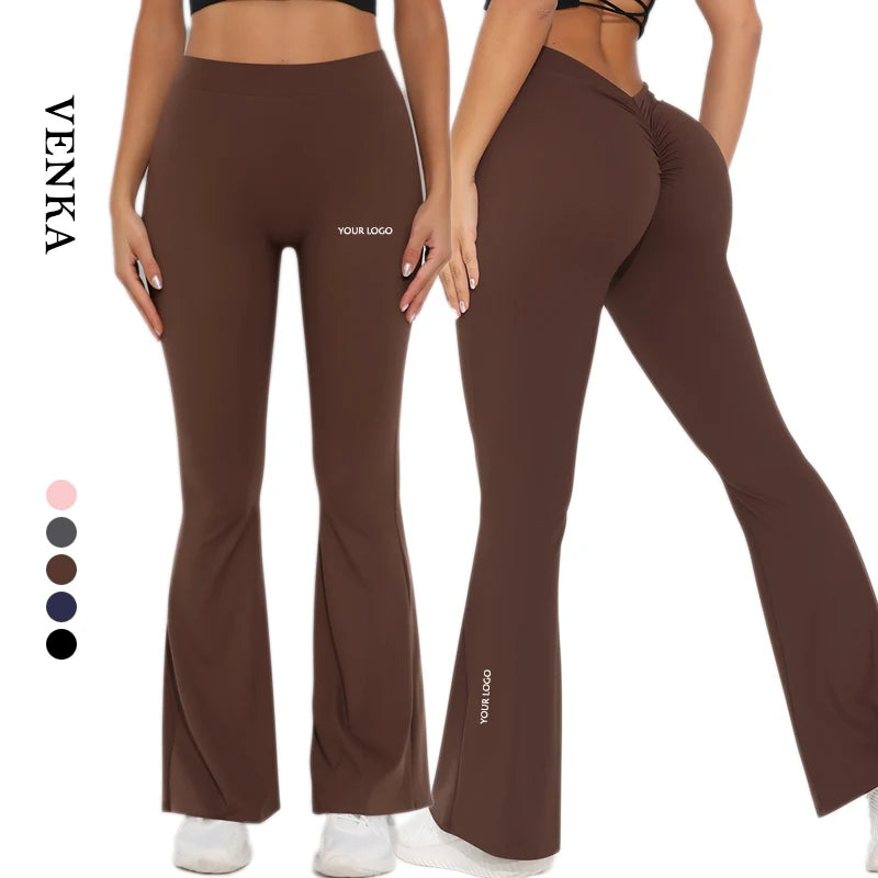 Women's High Waist Sport Tights Pleated Waist Scrunch Butt Fitness V Back Elastic Waist Flare Pants Ladies Yoga Leggings Pant