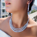 Stunning Round White Cubic Zirconia Tennis Necklace and Earrings Multi Layer Luxury Wedding Bridal Chunky Jewelry Sets for Women