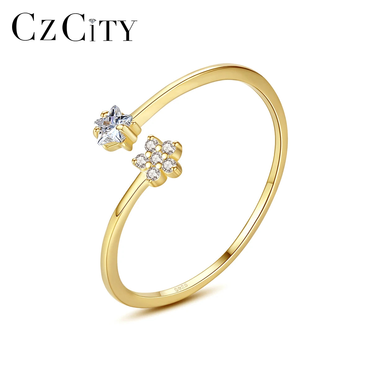 CZCITY New Design Silver Open Ring 925 Sterling Silver Star Jewelry Cubic Zirconia Diamond Adjustable Ring for Girls Engagement