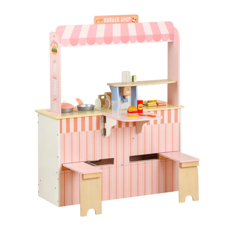 Wholesale Children Pink Wooden Double Sided Bread Cutting Kitchen Set Educational Pretend Cooking Stool Toys for Boys Girls