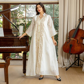 Dubai Fashion Sequins Embroidery Abaya Chic and Elegant Women Evening Dress Long Sleeve Notched V-Neck Casual Robe 2024