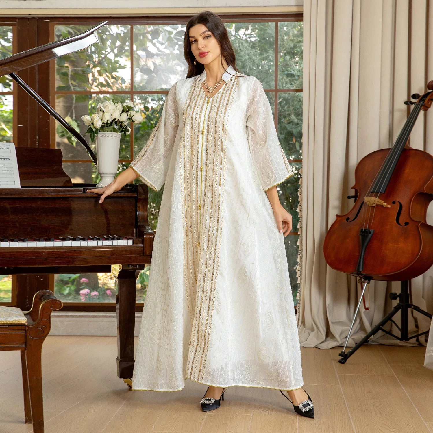 Dubai Fashion Sequins Embroidery Abaya Chic and Elegant Women Evening Dress Long Sleeve Notched V-Neck Casual Robe 2024