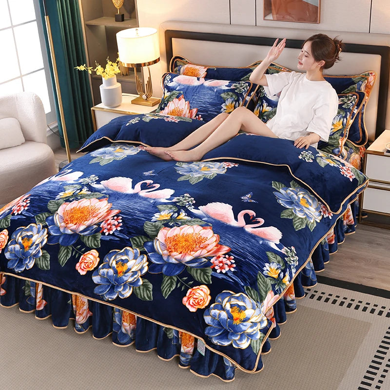 Sunny Textile Thick Velvet Flannel Bedding Set Bed Skirt Duvet Cover Pillowcases