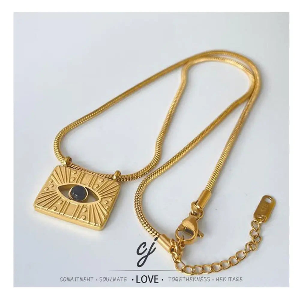 Carline Trendy 18k Gold Plated Stainless Steel Zircon Plated Square Link Chain Eye Pendant Necklace Women's Festival Gift
