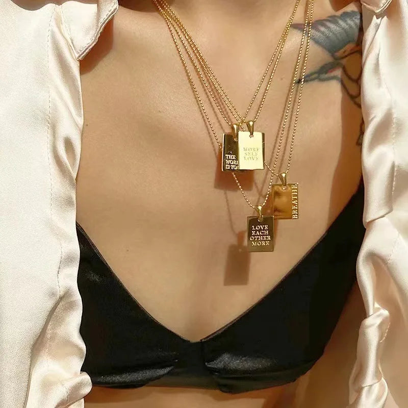 Tarnish-Free Custom Engraved 18K Gold Plated Stainless Steel Beads Chain Women's Trendy Oblong Statement Pendant Faith Necklace