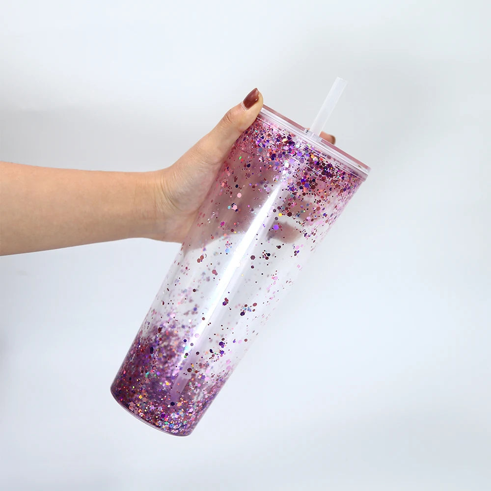 Private Label Wholesale DIY Tumbler 24oz Double Walled Fillable Tumblers BPA Free Clear Pre-drilled Glitter Acrylic Tumbler