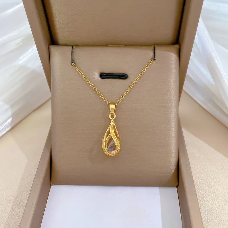 Fashion 18K Gold Plated Stainless Steel Rotating Water Drop Pendant Minimalist Lady Necklace Jewelry for Women Girls