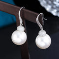 Shiny White Cubic Zirconia CZ Silver Plated Big Dangly Drop Pearl Hook Earrings for Female Fashion Party Jewelry Accessories