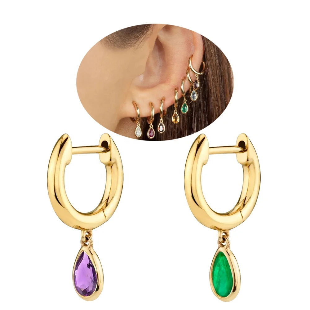 Wholesale 18k 14K 9K Solid Gold 16G Emerald Amethyst Teardrop Slim Hoop Earring Piercing Cartilage Body Jewelry Wedding Gift