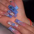 Long Square Press on Nails Long Coffin Ballerina Diamond 3D Glitter French Tip Acrylic Artificial Stick on Nails for Girls