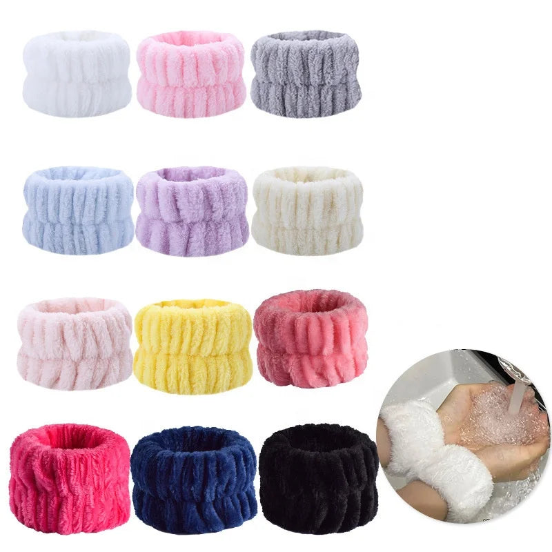 Wholesale logo Women Girls Absorbent Spa Wristlet Elastic Hair Band Face Washing Hairband Plush Microfiber Wrist Wash Bands