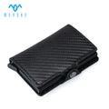Custom Black Carbon Fiber Leather  RFID Blocking Automatic Pop Up Name Card Case With Coin Purse Pocket