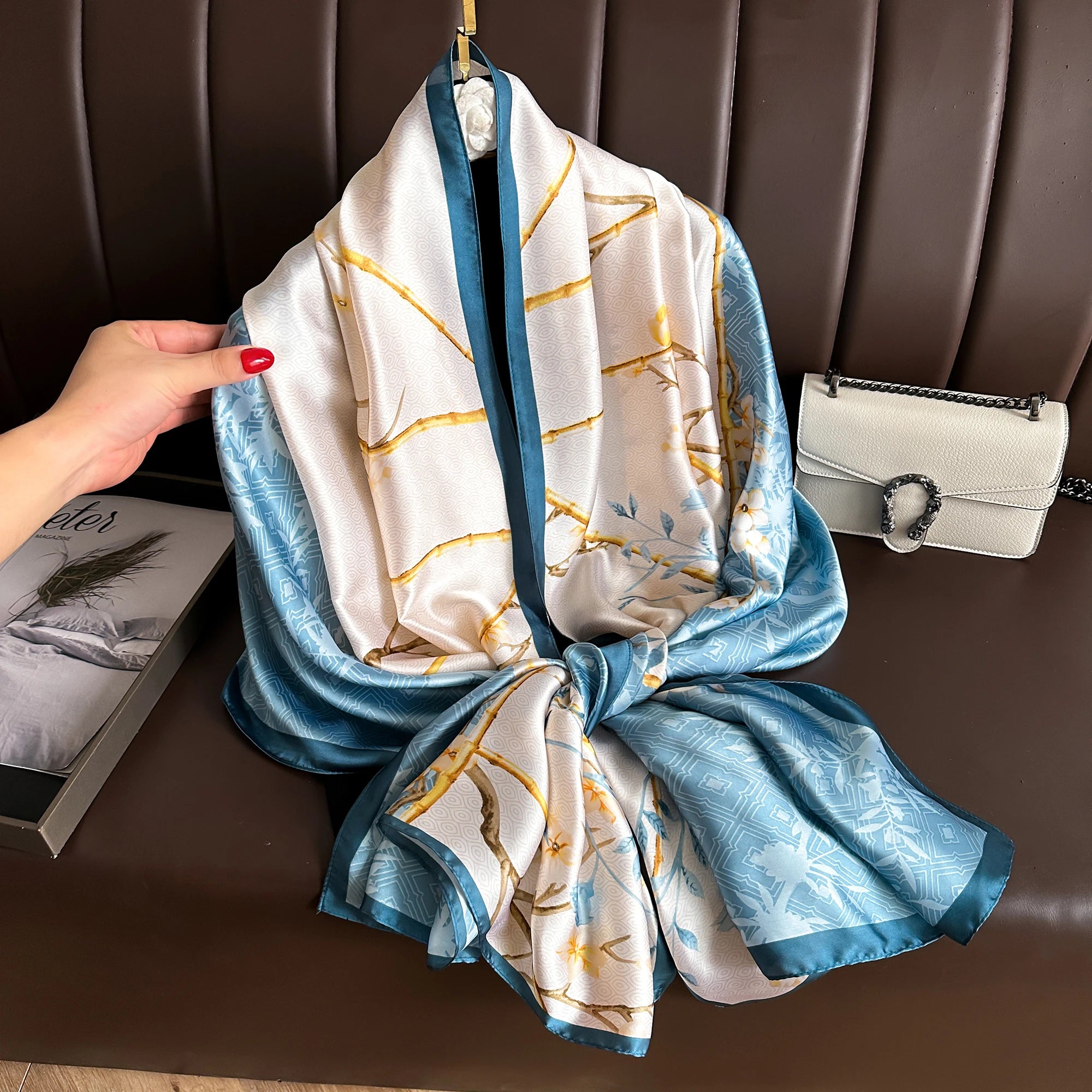 New Fancy Flower Pattern Silk Polyester Scarves Sunscreen Shawls for Ladies Soft Large Silk Feeling Scarf Floral Print Foulard