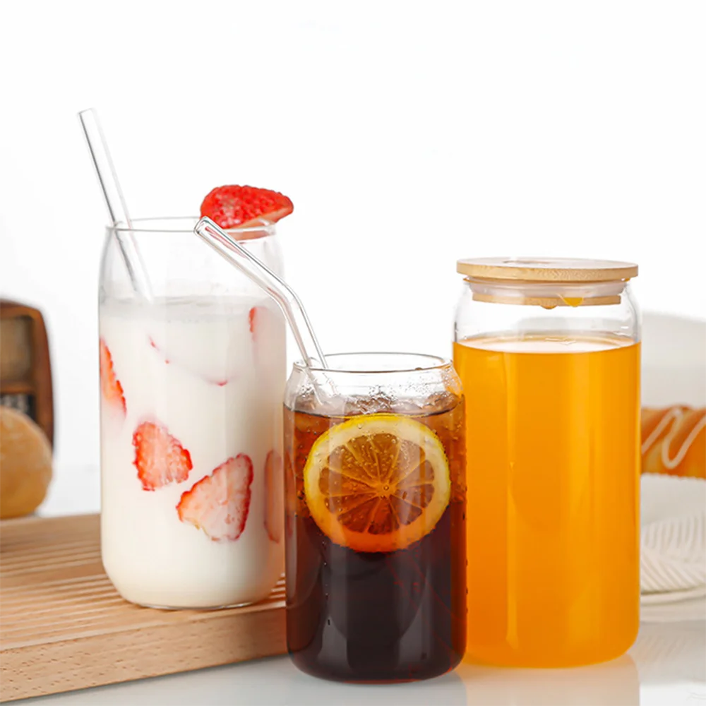 JM Food Grade 12oz 16oz 20oz Glass Cup With Bamboo Lids and Glass Straw Can Shaped Cups Beer Glasses Iced Coffee Cup