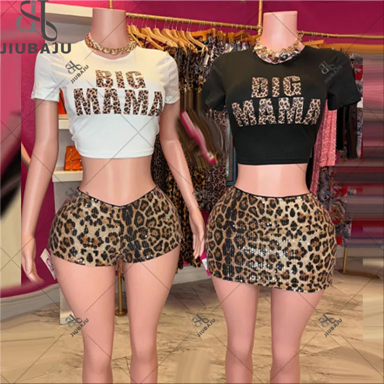 Leopard Print 2 Piece Set Women Short Sleeve Crop Tops+Sequined Skinny Leopard Shorts Matching Set