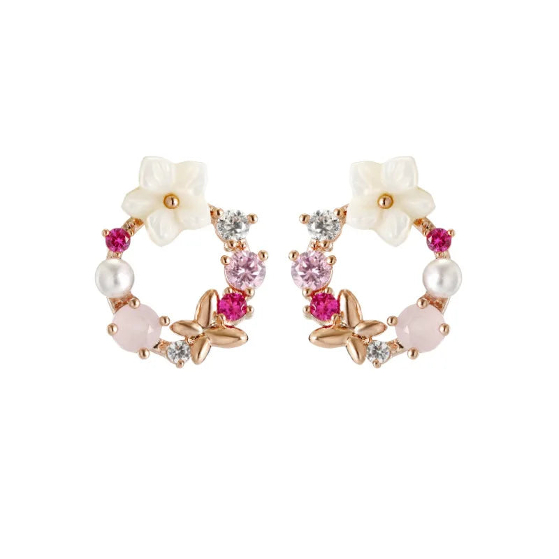 Korean New Colorful Rhinestone Pearl Stud Earrings for Women Charm Butterfly Flowers Shell Earrings Jewelry Brincos