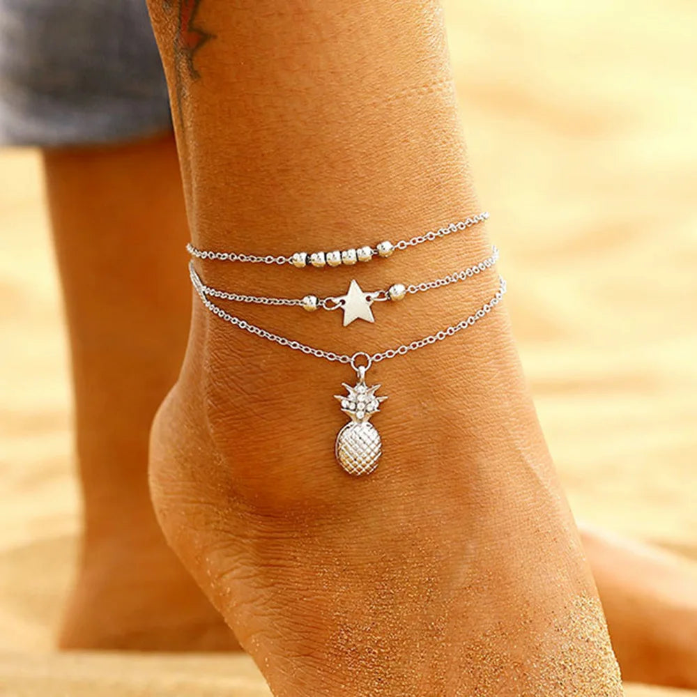 Bohemia Design Newest Golden Chain Ankle Multilayer Star Bead Pineapple Shaped Pendant Charm Anklets for Women
