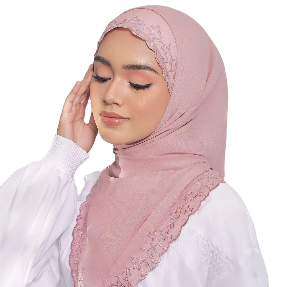 Malaysia Embroidery Chiffon Voile Bawal Muslim Square Scarf Hijab 114x114cm Chiffon Hijab Tudung Hijab Scarf