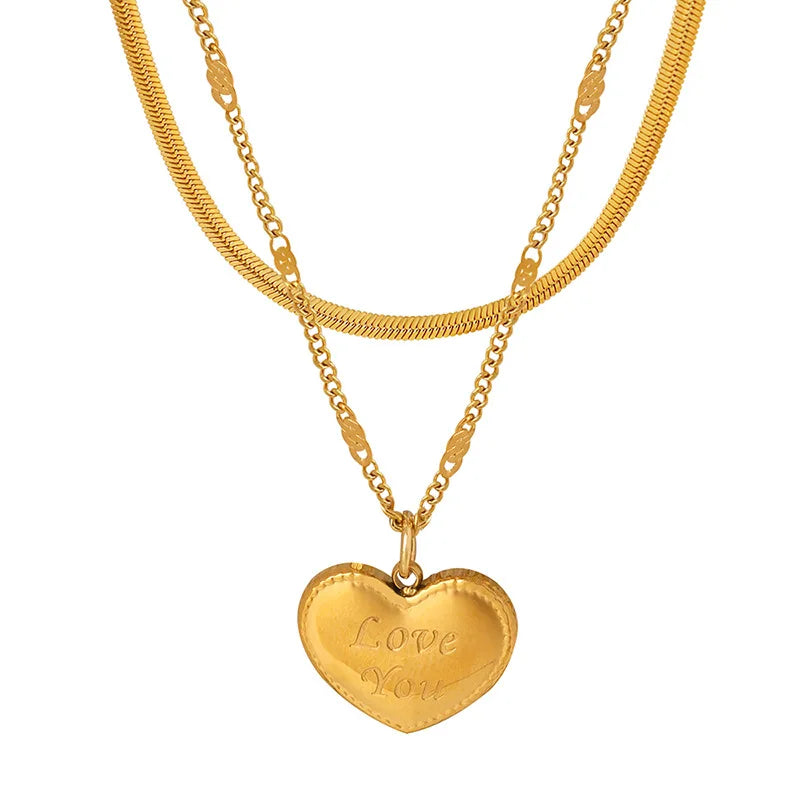 French New Retro Double Layer Peach Heart English Alphabet Love Pendant Personality Necklace Blade Chain Collar Chain Girlfriend