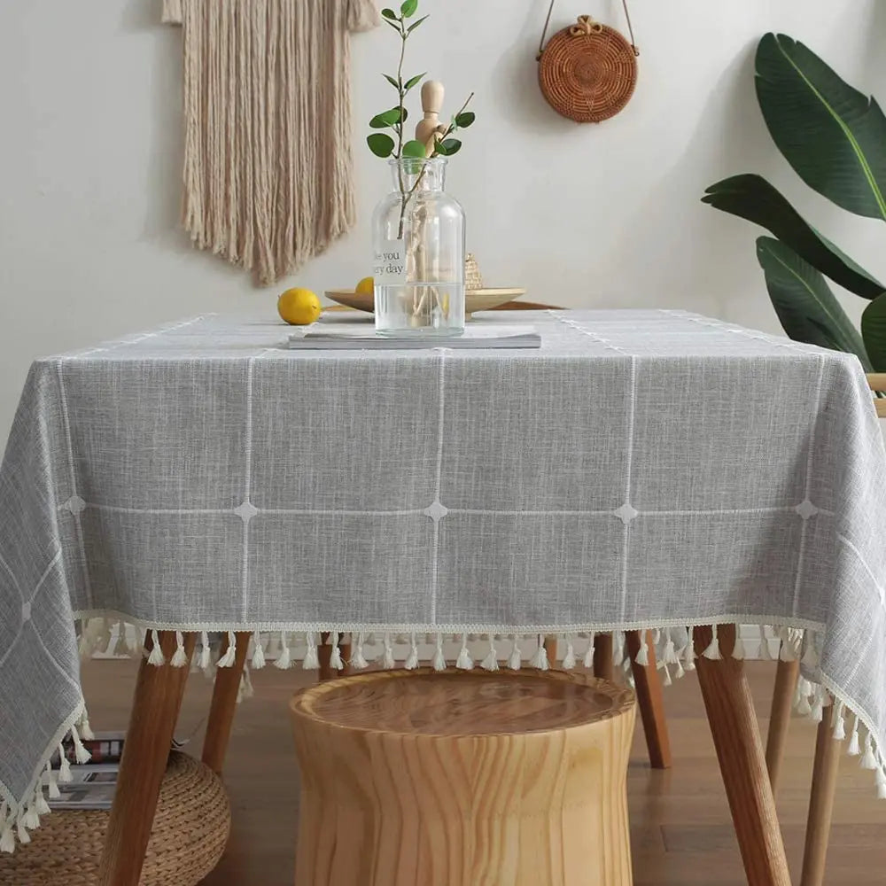 Custom Printed Nonwoven Floral Cotton Linen Table Cover with Tassels and Lace