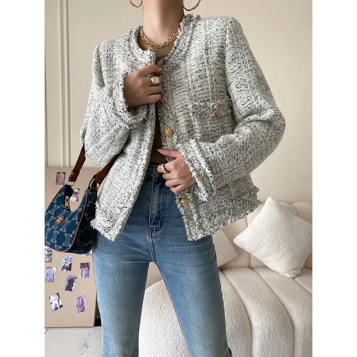 2023 New Fashion Grey Melange Tweed Blazer Top for Women Elegan Young Ladies' Breathable Jackets