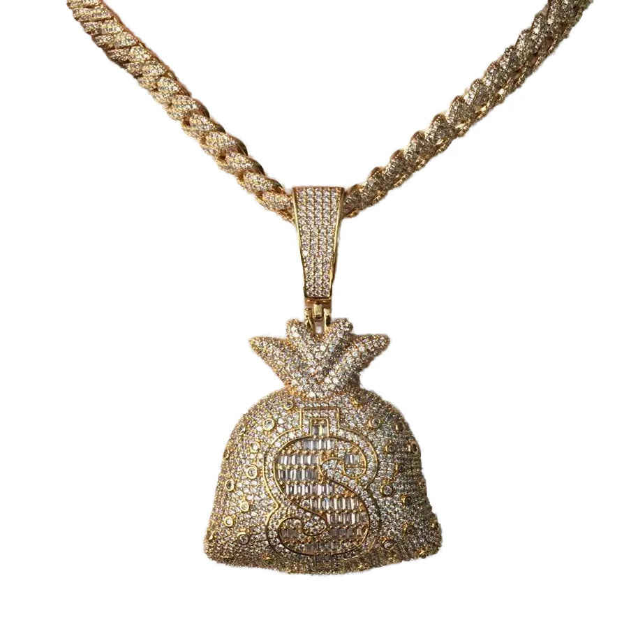 Hot Sale Custom US Dollar Money Bag Men's Pendant Necklace with Tennis Chain Gold Plated Hip Hop Jewelry Iced out Purse Charms