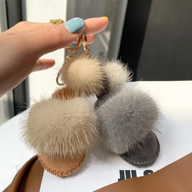 Mink Fur slippers Keychain Pendant Personality Cute Plush Car Pendant Mink Fur Ball Bag Keyring Pendant Female