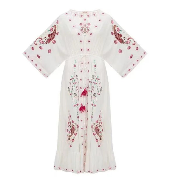 Women's Vintage Goddess V Neck Maxi Dress Eco-Friendly Cotton Flower Embroidery Summer ODM Customizable Natural Washable