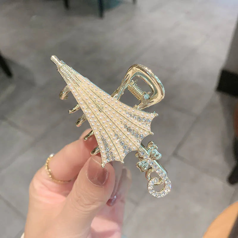 Pearl Crystal Umbrella Large Metal Hair Claw Hairpin Pearl Hairpins Sparkle Hair Clip Accessories Hairpins Women Hair Clips