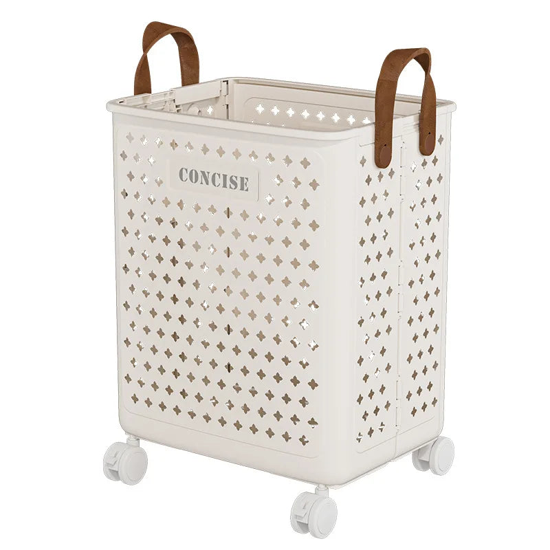 Large Capacity Multi-Function Plastic Folding Dirty Clothes Basket with Wheels Star Hollow Design for Household Bathroom Storage