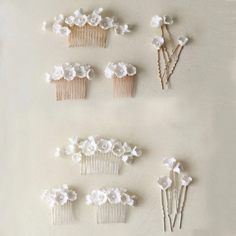 SLBRIDAL Handmade Ins Style Full Ceramic Flower Bridal Hair Comb Hair Pin Set Wedding Headpieces Women Jewelry Hair Accessories