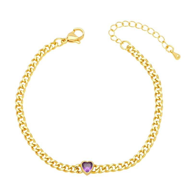 18K Gold Plated Women's Fashion Bracelet With Colorful Cubic Zirconia Trendy Christian Heart Thin Cuban Chain and Bangles