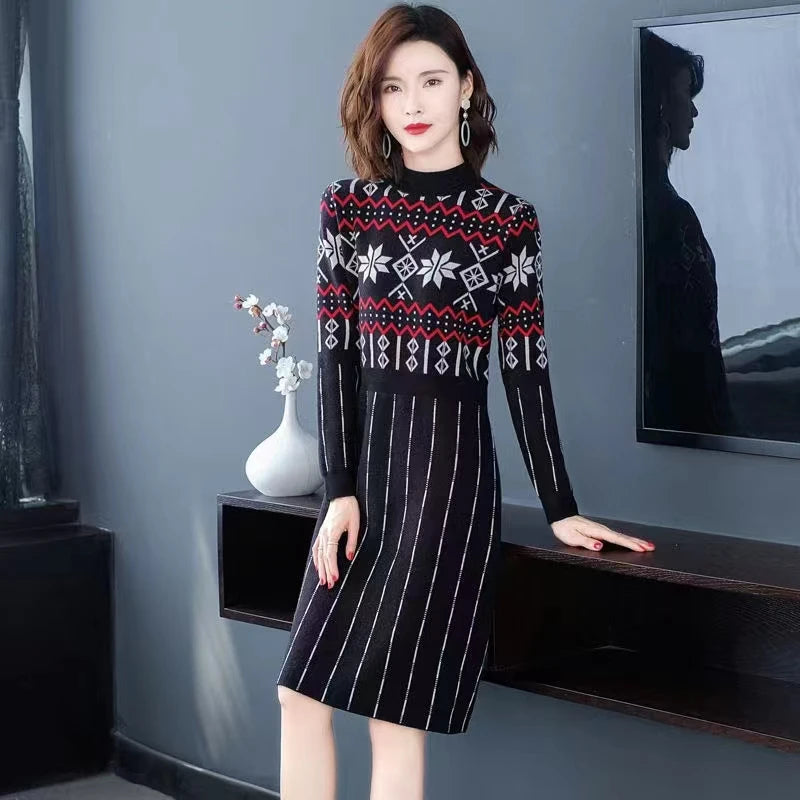 Huachao New Apparel Causal Cultivate Women Sweater Dress O Neck Print Pullover Luxury Knit Women Dress