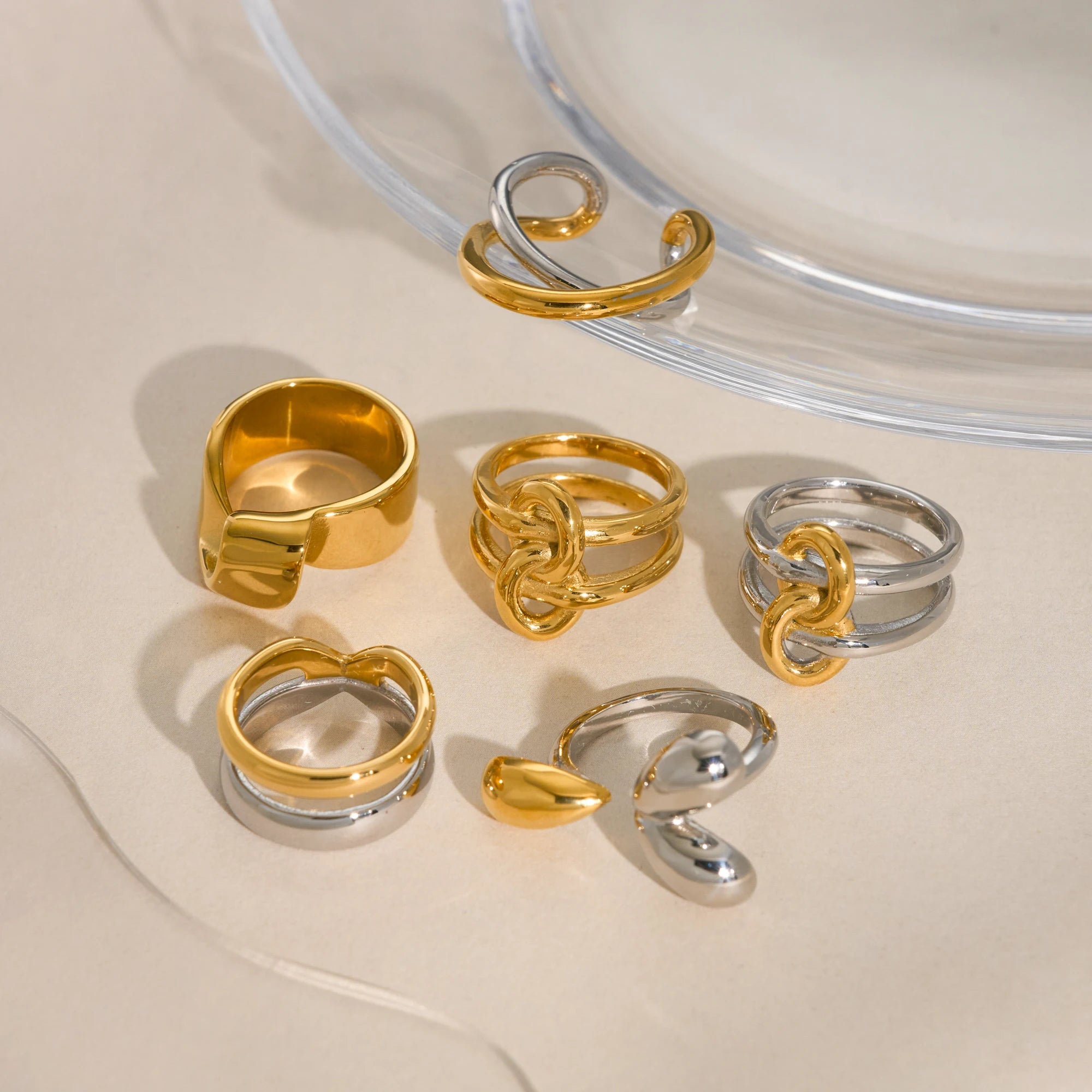 NEW BOHO LINE IRREGULAR KNOTTED DESIGNER RING Dazan 18k PVD Gold Plated Stainless Steel SPRING RUNWAY JEWELRY Set for Couple