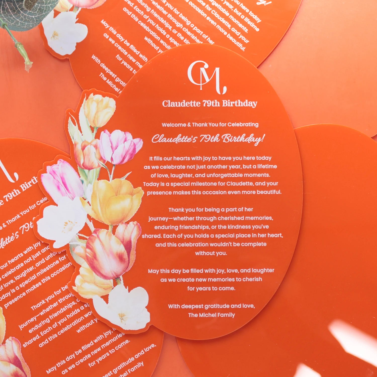 Floral Design Creative Orange Acrylic Greeting Thank You Card for a Birthday Party