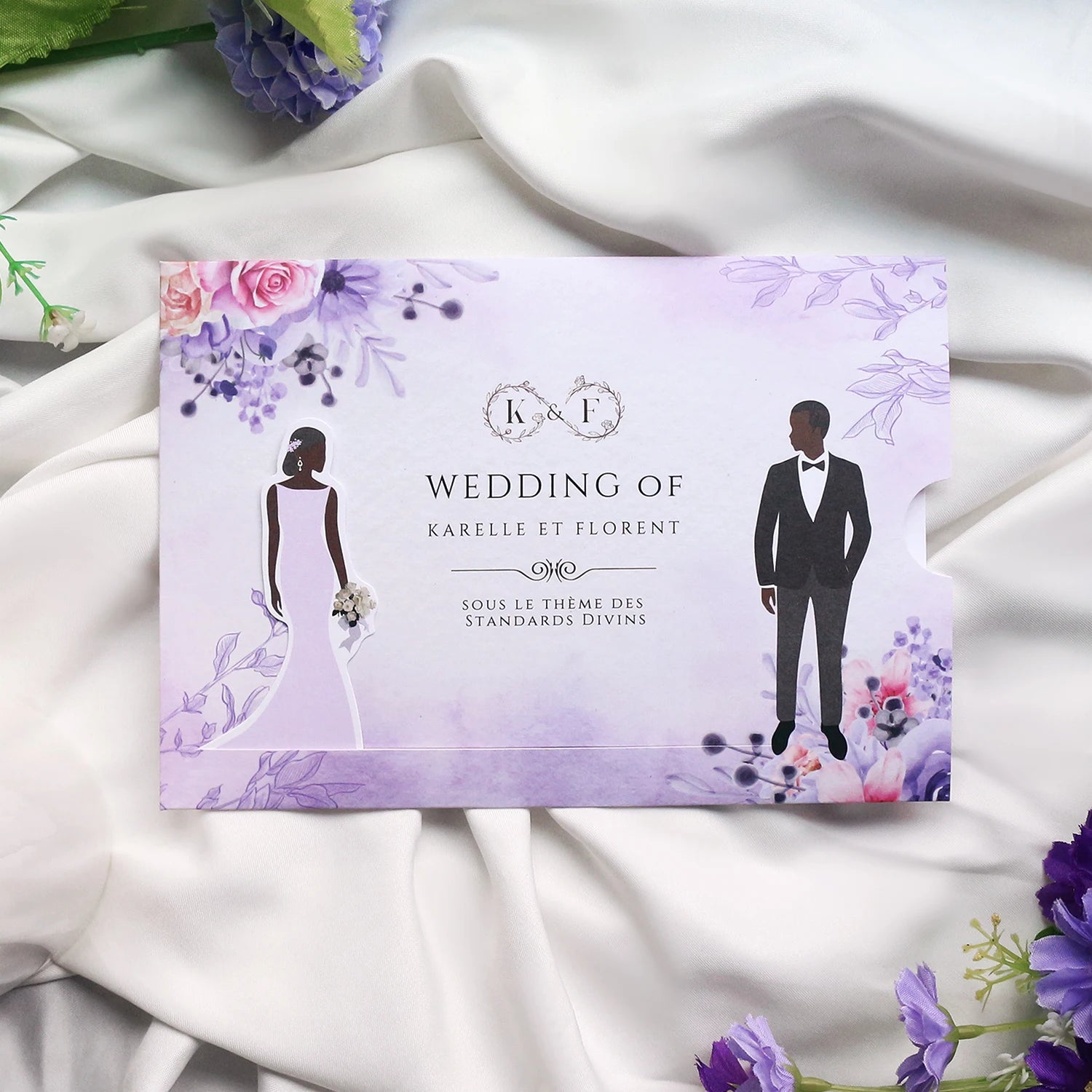 Creative Bride and Groom Slider Light Purple Wedding Invitation Pull Cards with Cartoon Image Invitation