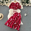 Summer Holiday Style Suit Women's Bubble Sleeve Short Top High Waisted A-line Skirt Two Piece Suit 2 Piece Set