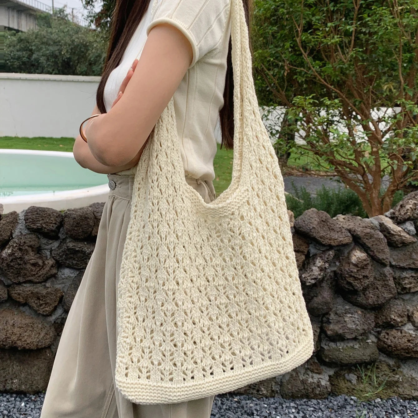 Factory New Large Capacity Fashion Crochet Tote Shopping Bags Women Hollowed Knitted Beach Two Handles Bohemian Summer Open