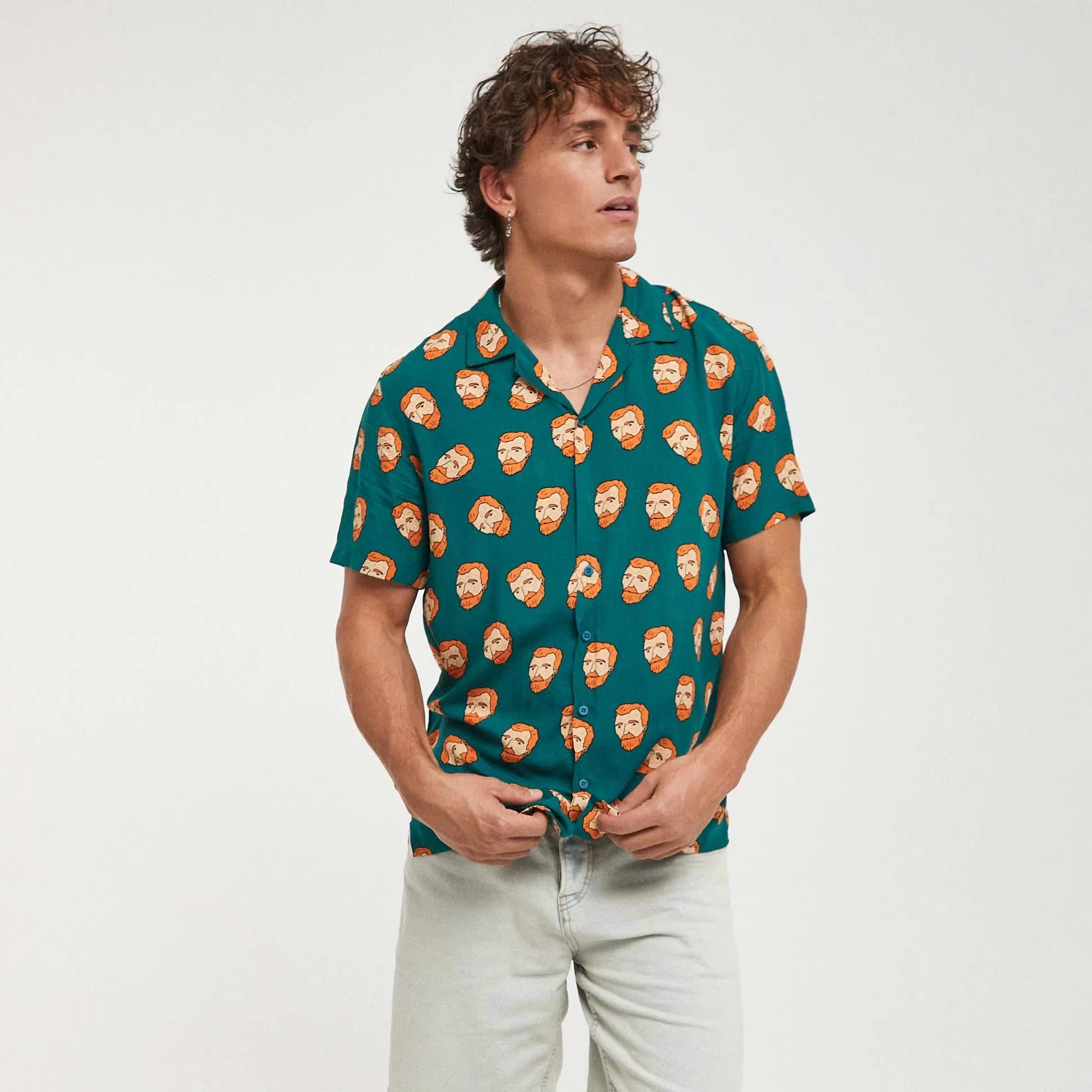 Regular Fit Men's Green Hawaiian Shirt with Van Gogh Print Breathable Summer Casual Short Sleeve Empire Waist Imperio Shop