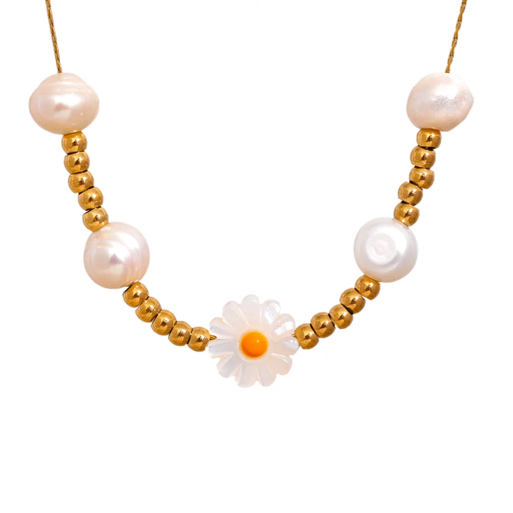 JINYOU 2335 Stainless Steel Natural Shell Flower Pearls Chic Fashion Necklace Sweet Romantic Beads Handmade Necklace Jewelry
