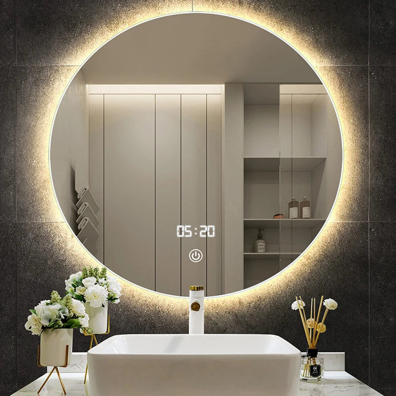 Round LED Bathroom Mirror Wall Mounted Illuminated Vanity Mirror Touch Switch Anti Fog Hotel Bathroom Mirror