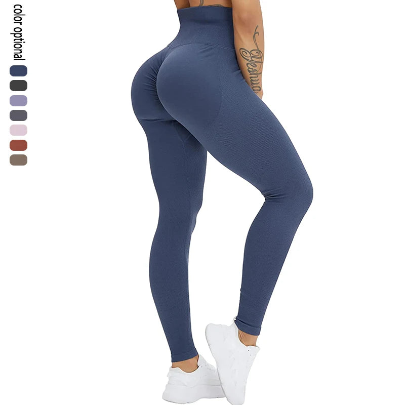 Women Comfort Soft Compression Stretchy Scrunch Butt High Waist Seamless Ribbed Gym Leggings