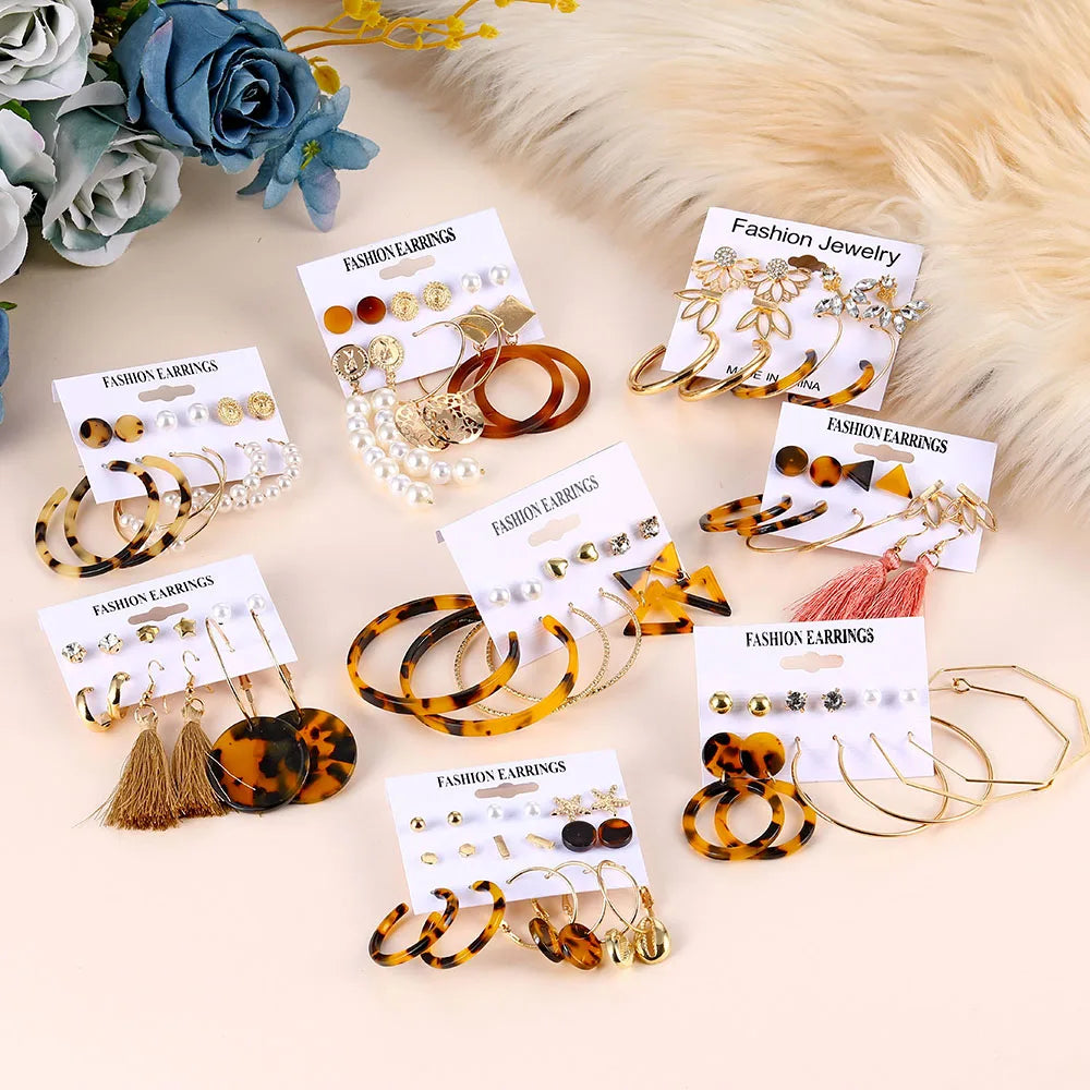 Fashion 6 Pair/Sets Pearl Stud Earring Set Women Bohemian Earrings New Tassel Acrylic Earrings Set