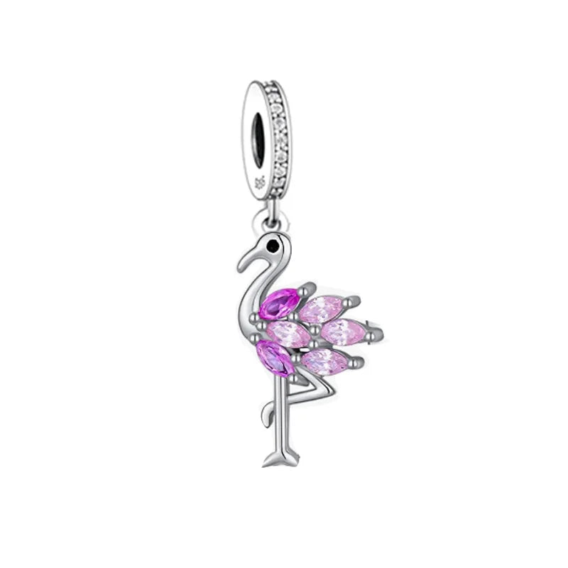 Fit Original Pan Charms Bracelet 925 Silver Pink Zircon Feather Bird Bead for Women Girl Jewelry Party Making