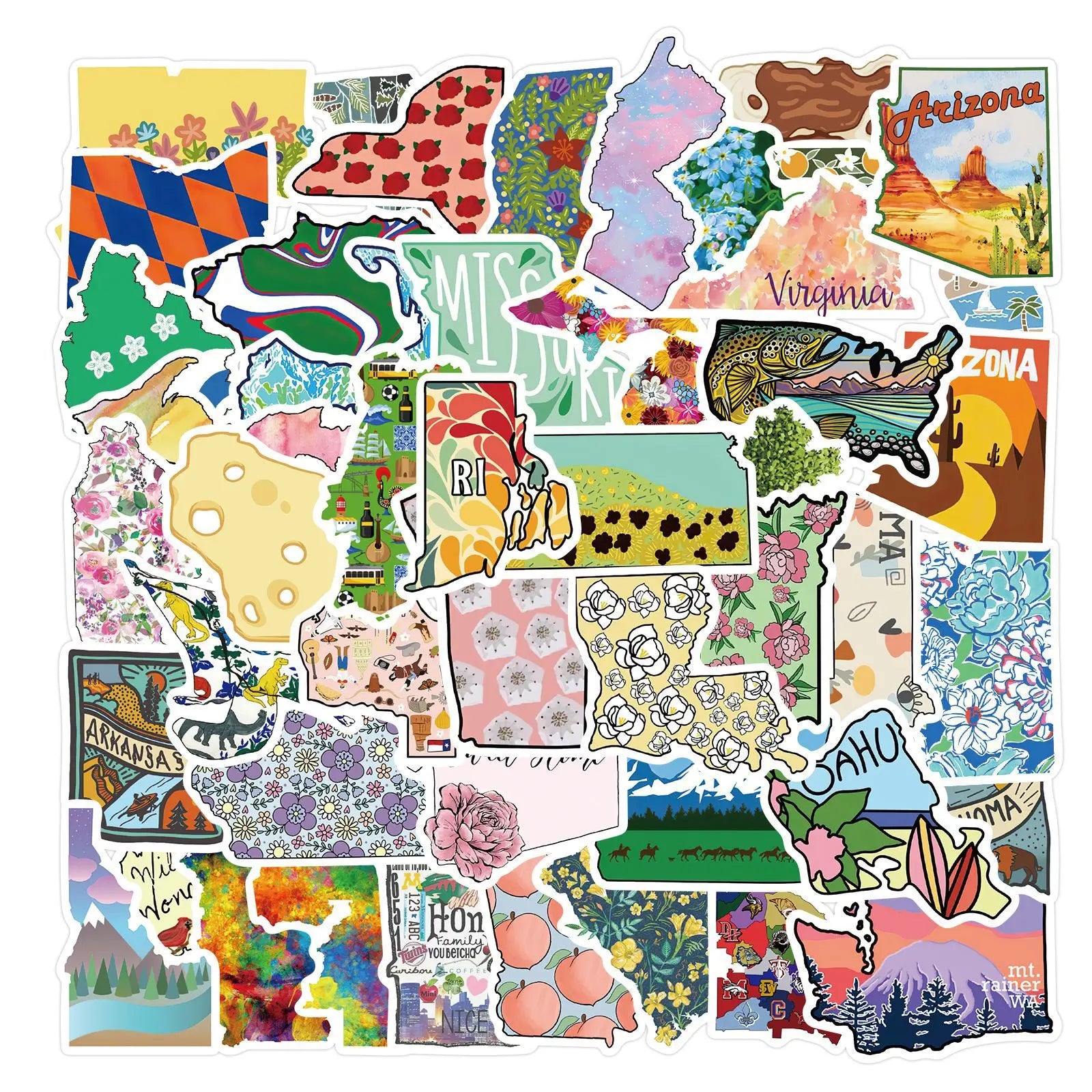 55Pcs Colorful America State Continent Cartoon Graffiti Stickers for Kid Book Table Bottle Wall Decor Map Sticker