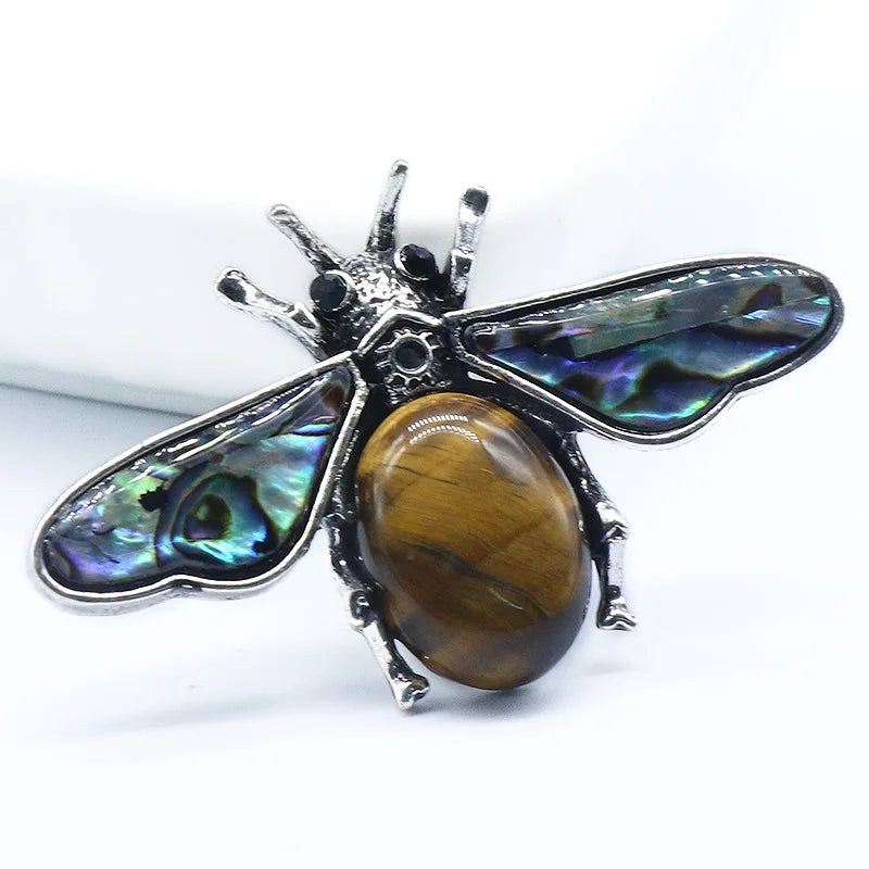 Fashion Small Bee Alloy Inlaid Abalone Shell Gemstone Pendant Brooch Necklace
