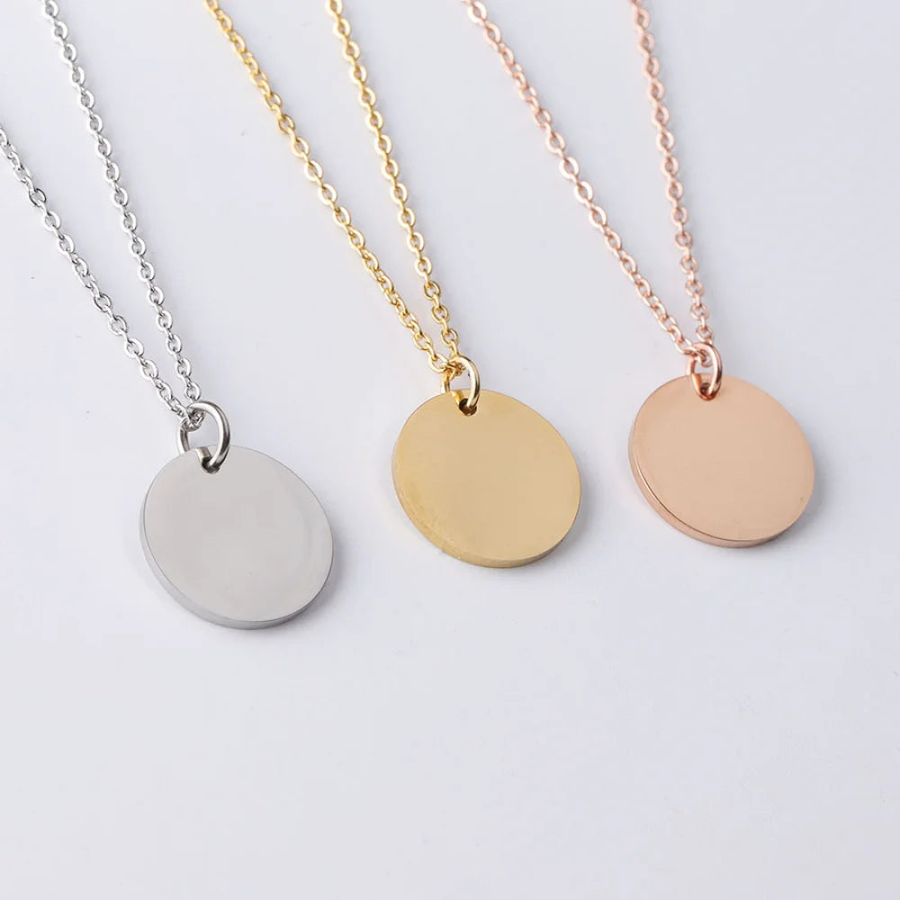 Women Jewelry Blank Round Disc Pendant Stainless Steel Gold Plated Custom Name Necklace