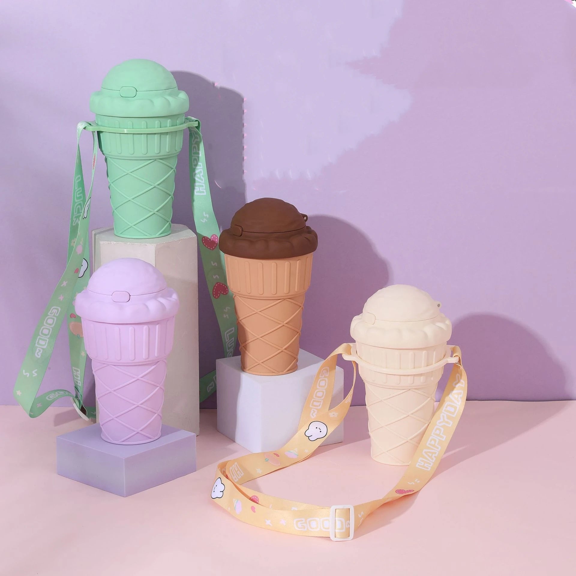 Creative Cute Summer Water Cup with Ice Cream Straw OEM Custom Advertising Gift Plastic Strap Design